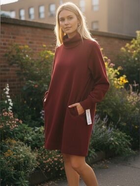 Athleta Cozy Karma Mock Neck Dress Red XS Petite NWT Sweatshirt Dress Pockets